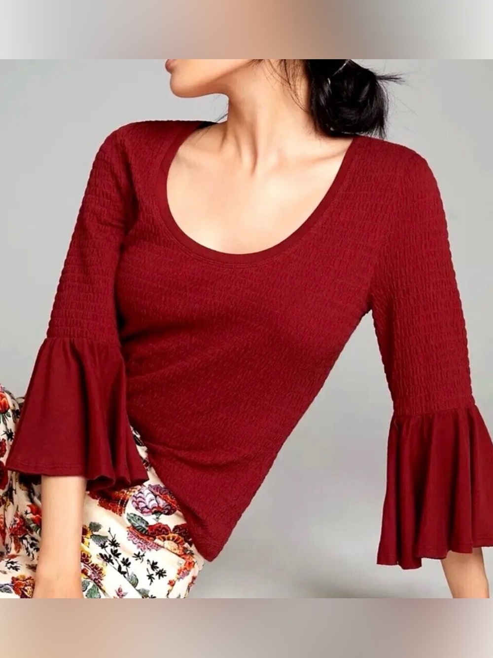 NEW By Anthropologie Blouse Top Smocked Bell Sleeve Red Sz Small Peasant Stretch
